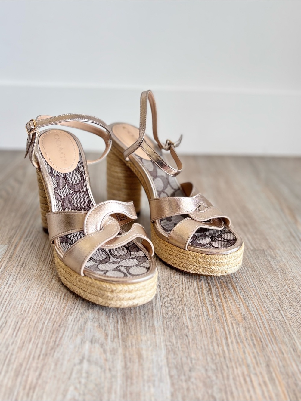 Coach Rose Gold Espadrille Platform Wedge Sandals